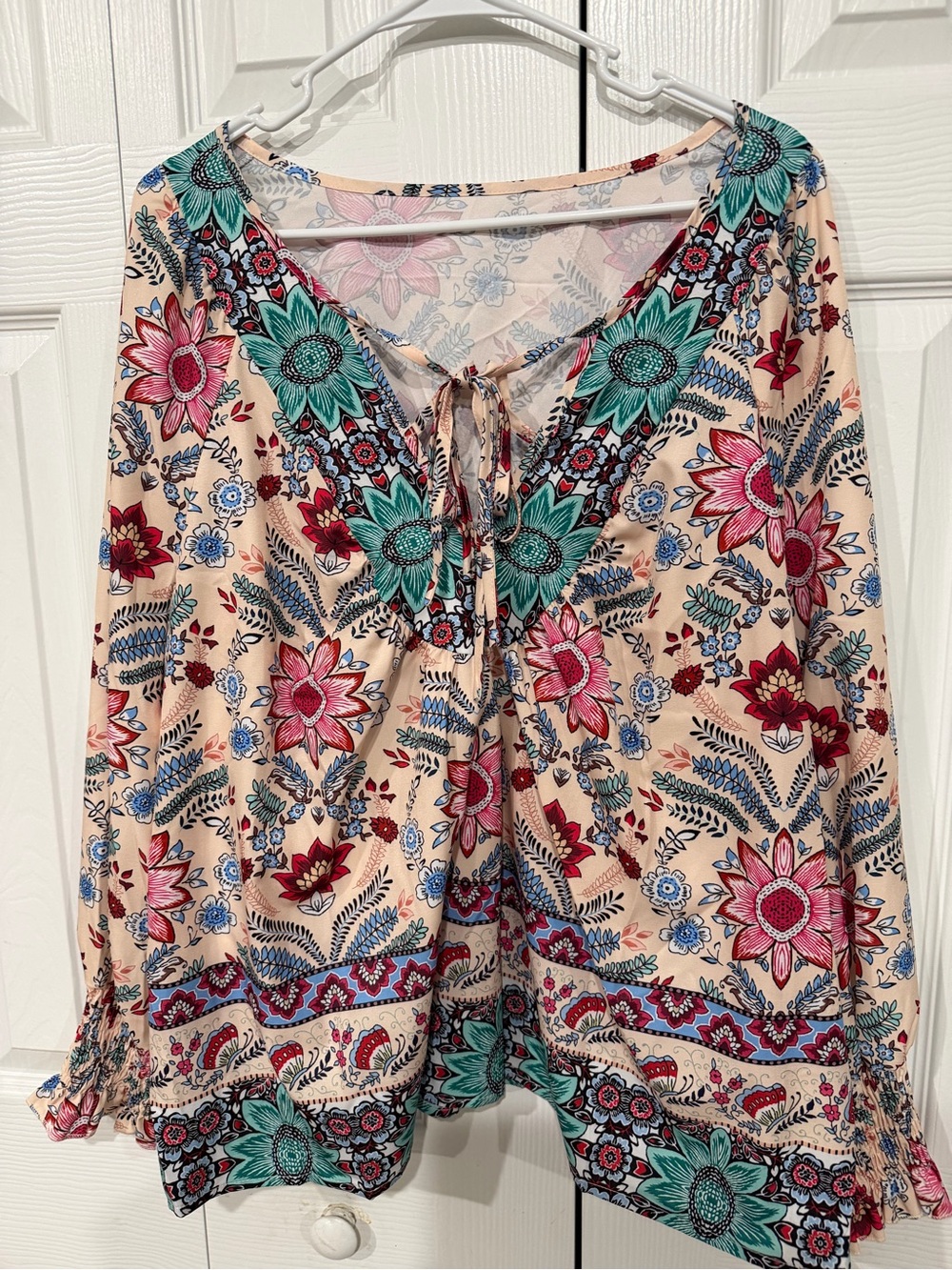Boho Floral Tie-Neck Blouse in Cream with Pink & Teal Accents